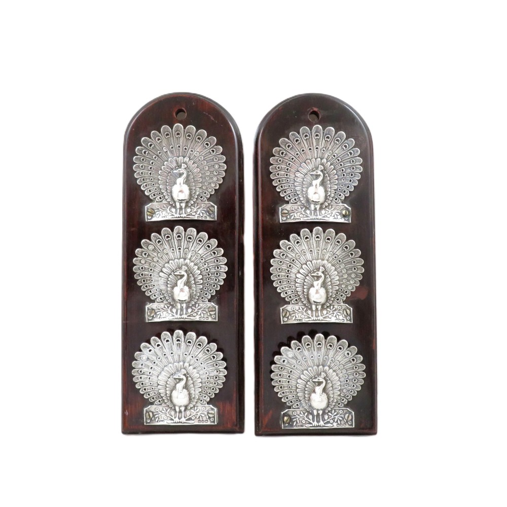 Pair of Victorian Walnut & Sterling Silver 'Peacock' Letter Racks 1894