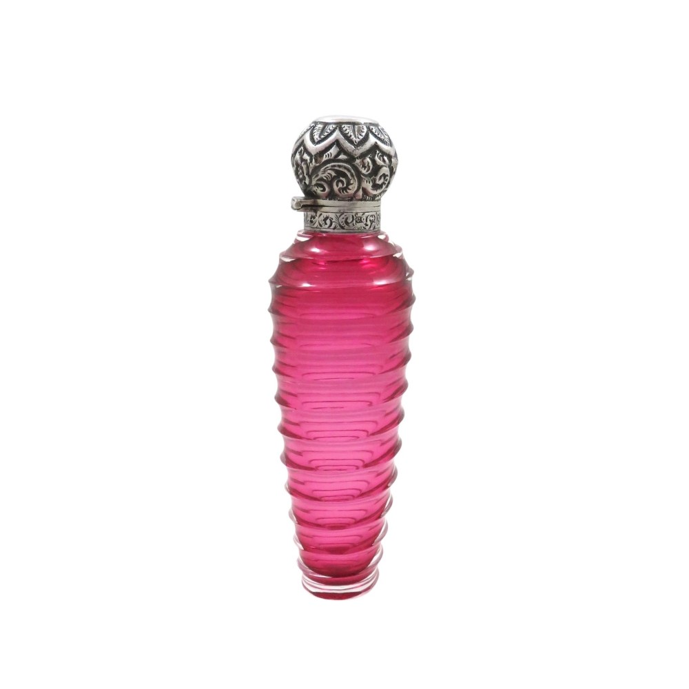 Antique Victorian Silver & Cranberry Glass Scent / Perfume Bottle 1899