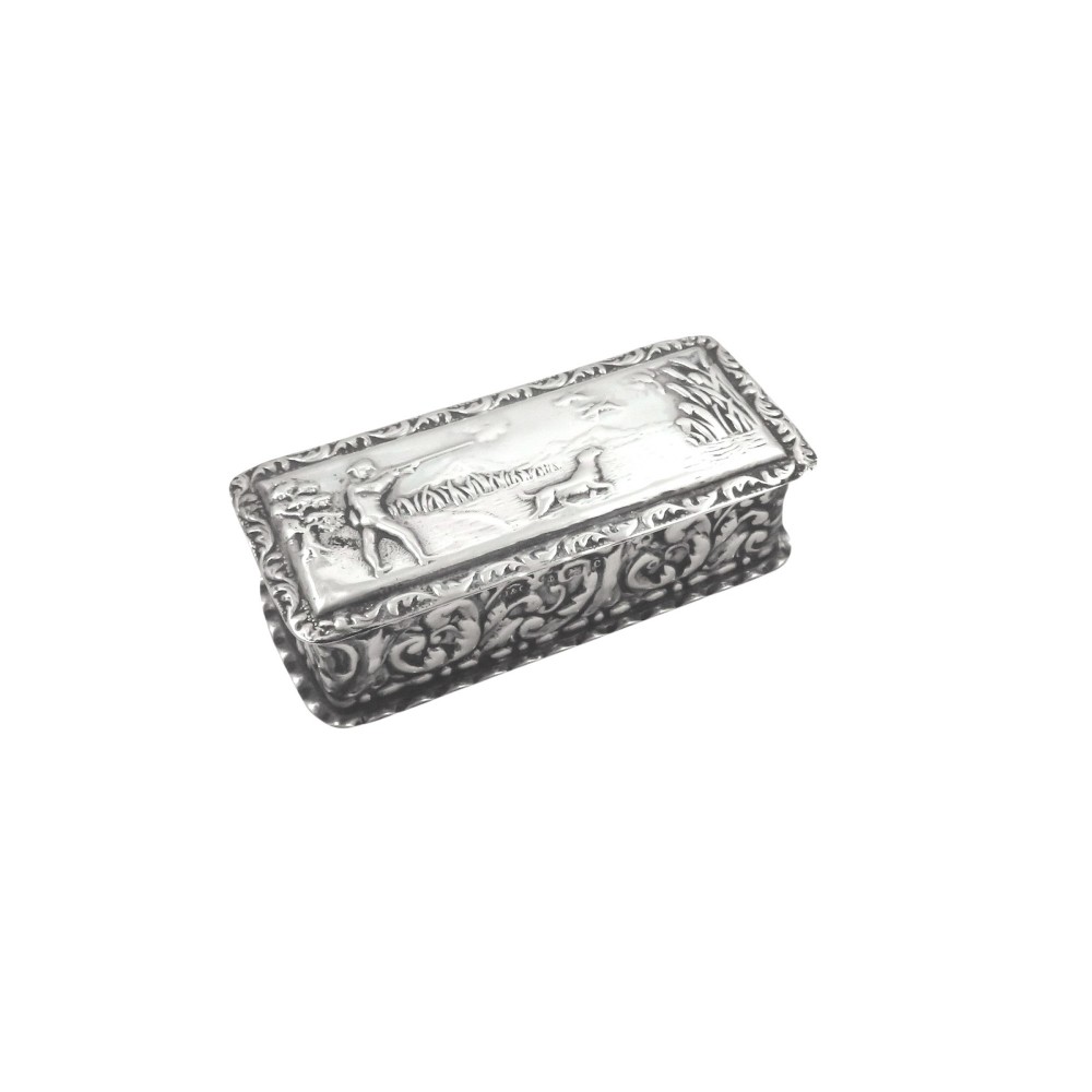 Antique Edwardian Sterling Silver Trinket Box 'Hunting Scene' 1902