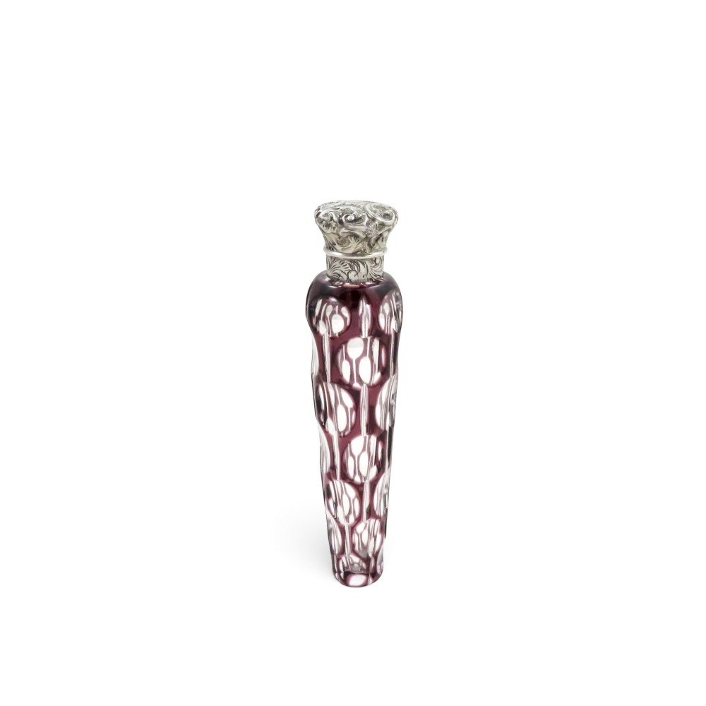 Antique Victorian Silver & Purple Overlay Cut Glass Scent / Perfume Bottle c1880