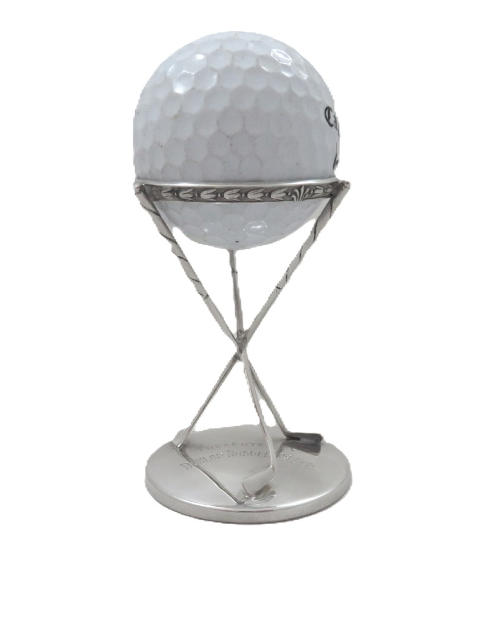 A sterling silver golf ball stand featuring three crossed golf club legs supported by a circular silver base holding a white golf ball. View III
