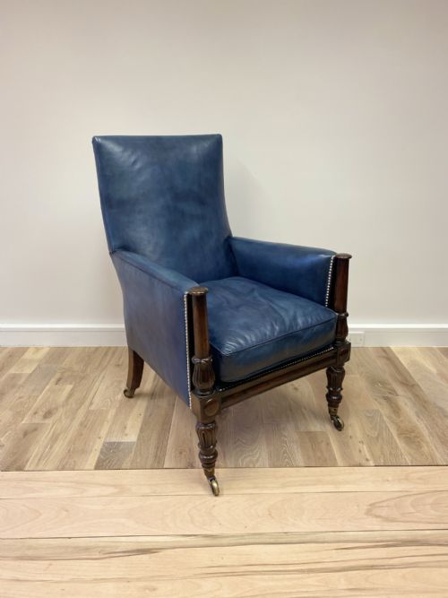 GILLOWS GENTLEMANS LIBRARY CHAIR RESTORED IN OUR HAND DYED DEEP OCEAN NAVY BLUE LEATHERS - ADDITIONAL PHOTO 1