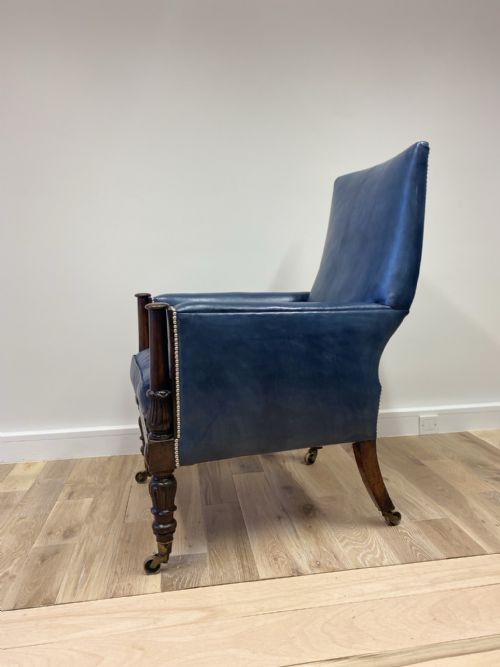 GILLOWS GENTLEMANS LIBRARY CHAIR RESTORED IN OUR HAND DYED DEEP OCEAN NAVY BLUE LEATHERS - ADDITIONAL PHOTO 3