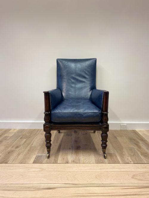 GILLOWS GENTLEMANS LIBRARY CHAIR RESTORED IN OUR HAND DYED DEEP OCEAN NAVY BLUE LEATHERS - ADDITIONAL PHOTO 4