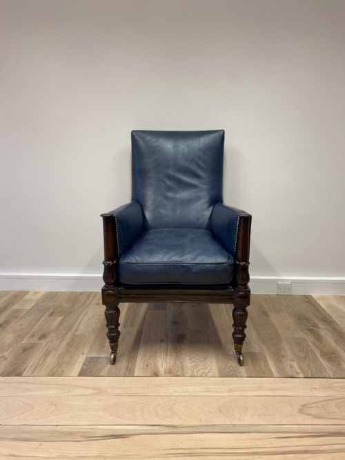 GILLOWS GENTLEMANS LIBRARY CHAIR RESTORED IN OUR HAND DYED DEEP OCEAN NAVY BLUE LEATHERS - ADDITIONAL PHOTO 5