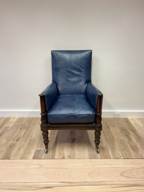 GILLOWS GENTLEMANS LIBRARY CHAIR RESTORED IN OUR HAND DYED DEEP OCEAN NAVY BLUE LEATHERS - ADDITIONAL PHOTO 6