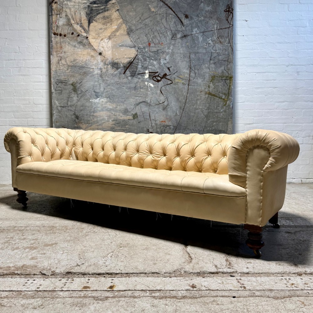 An antique Edwardian four-seater Chesterfield sofa upholstered in natural undyed cream leather with deep buttoning and turned wooden legs. View IV