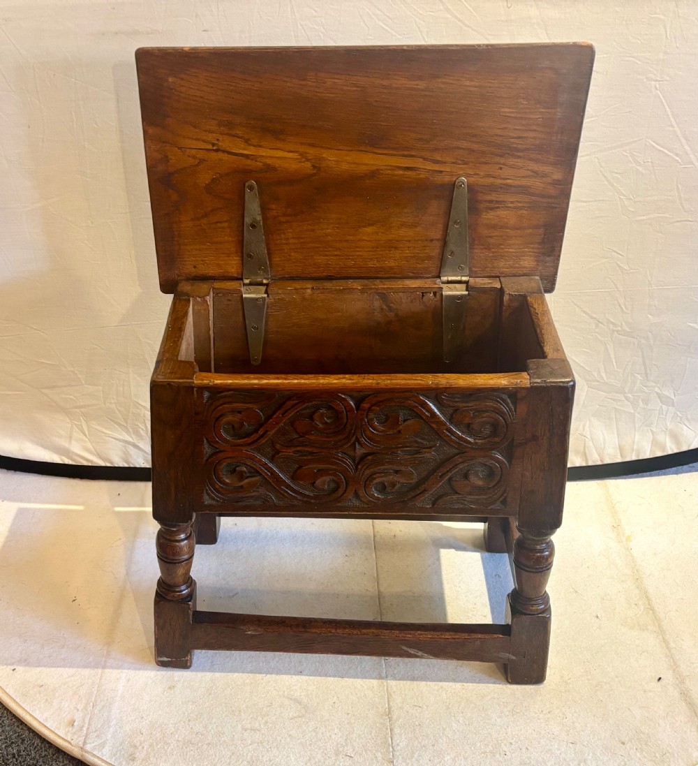 Early 20th century carved oak box stool View VI