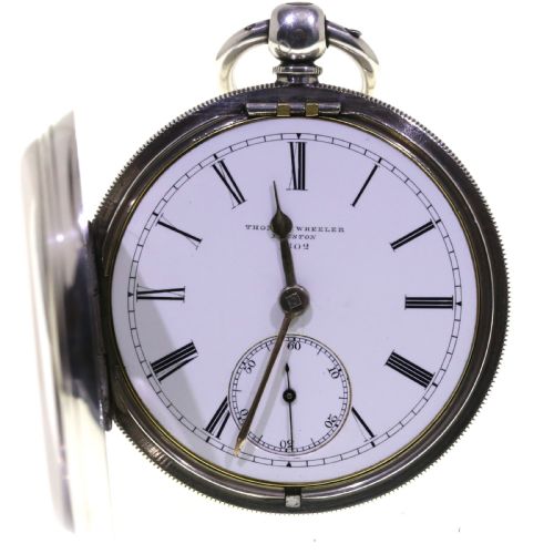fig 1. A Victorian silver pocket watch displaying a white enamel dial with black Roman numerals, dark steel hands, a subsidiary seconds dial, and an attached silver hanging loop.