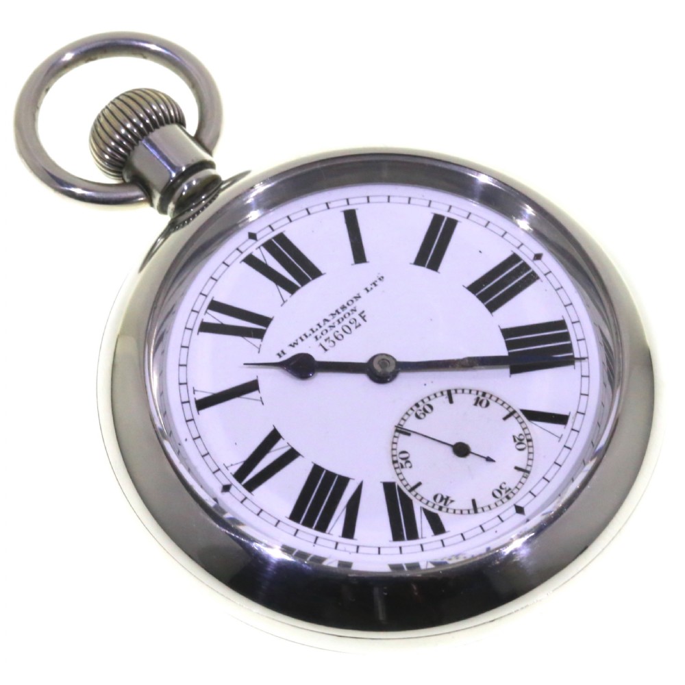 A circular silver-tone military keyless pocket watch with a white enamel dial, black Roman numerals, and a subsidiary seconds sub-dial. View X