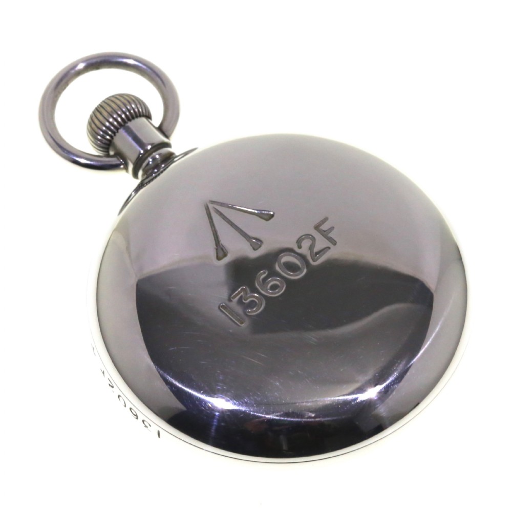 A circular silver-tone military keyless pocket watch with a white enamel dial, black Roman numerals, and a subsidiary seconds sub-dial. View II