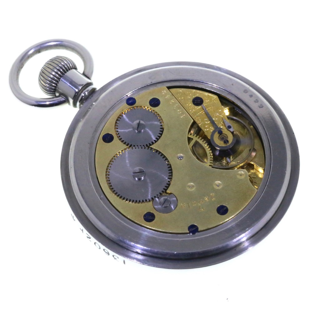 A circular silver-tone military keyless pocket watch with a white enamel dial, black Roman numerals, and a subsidiary seconds sub-dial. View III