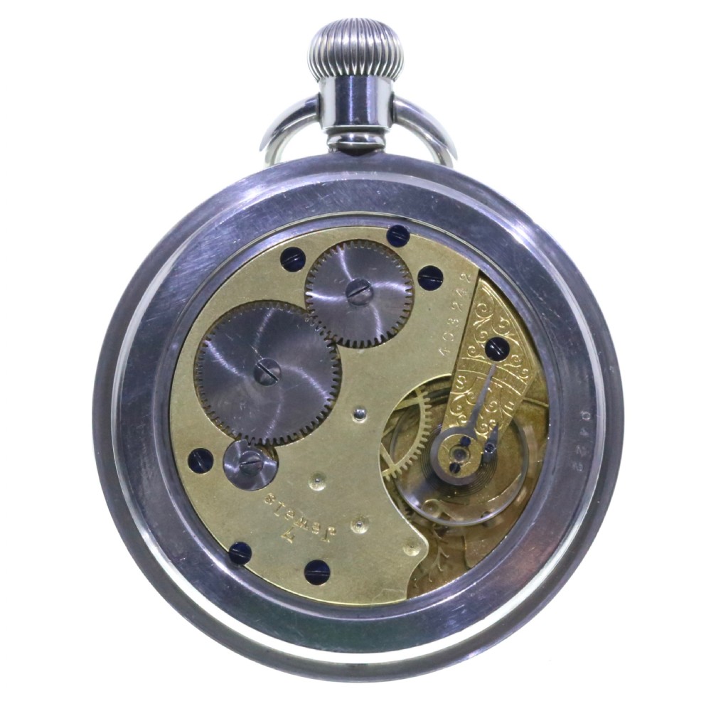 A circular silver-tone military keyless pocket watch with a white enamel dial, black Roman numerals, and a subsidiary seconds sub-dial. View VI
