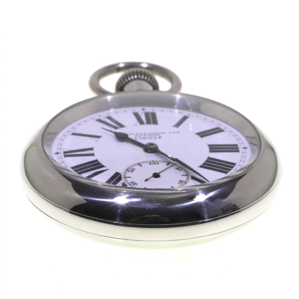 A circular silver-tone military keyless pocket watch with a white enamel dial, black Roman numerals, and a subsidiary seconds sub-dial. View VIII