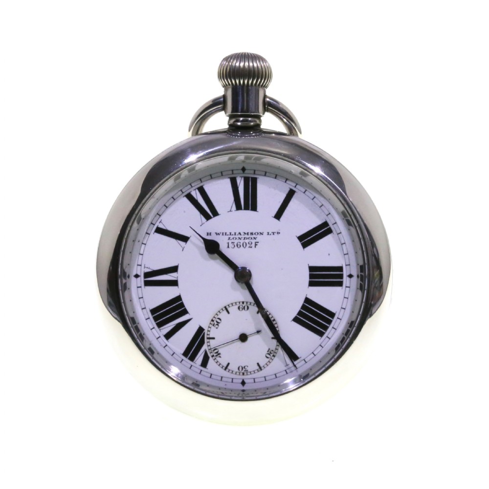 A circular silver-tone military keyless pocket watch with a white enamel dial, black Roman numerals, and a subsidiary seconds sub-dial.