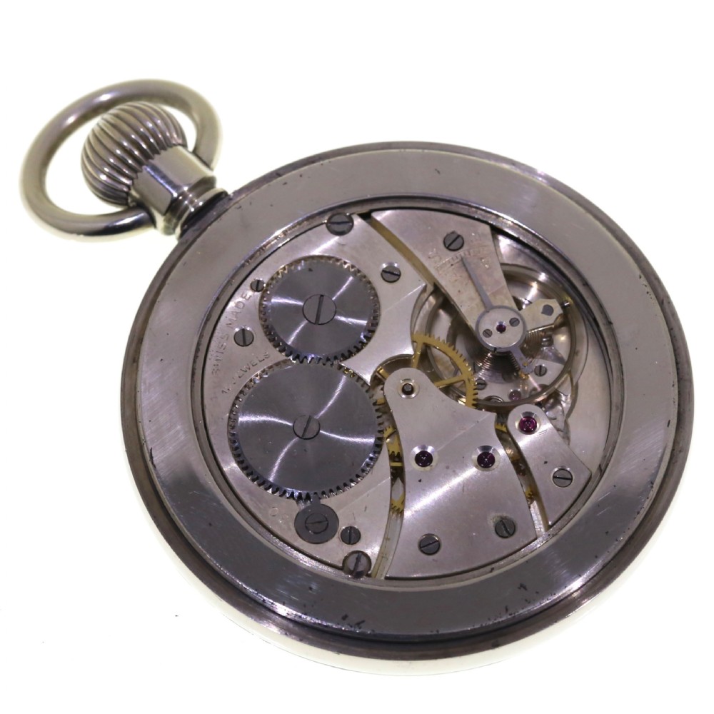 An open-face silver pocket watch featuring a white enamel dial with black Roman numerals, spade hands, and a sub-seconds dial. View III