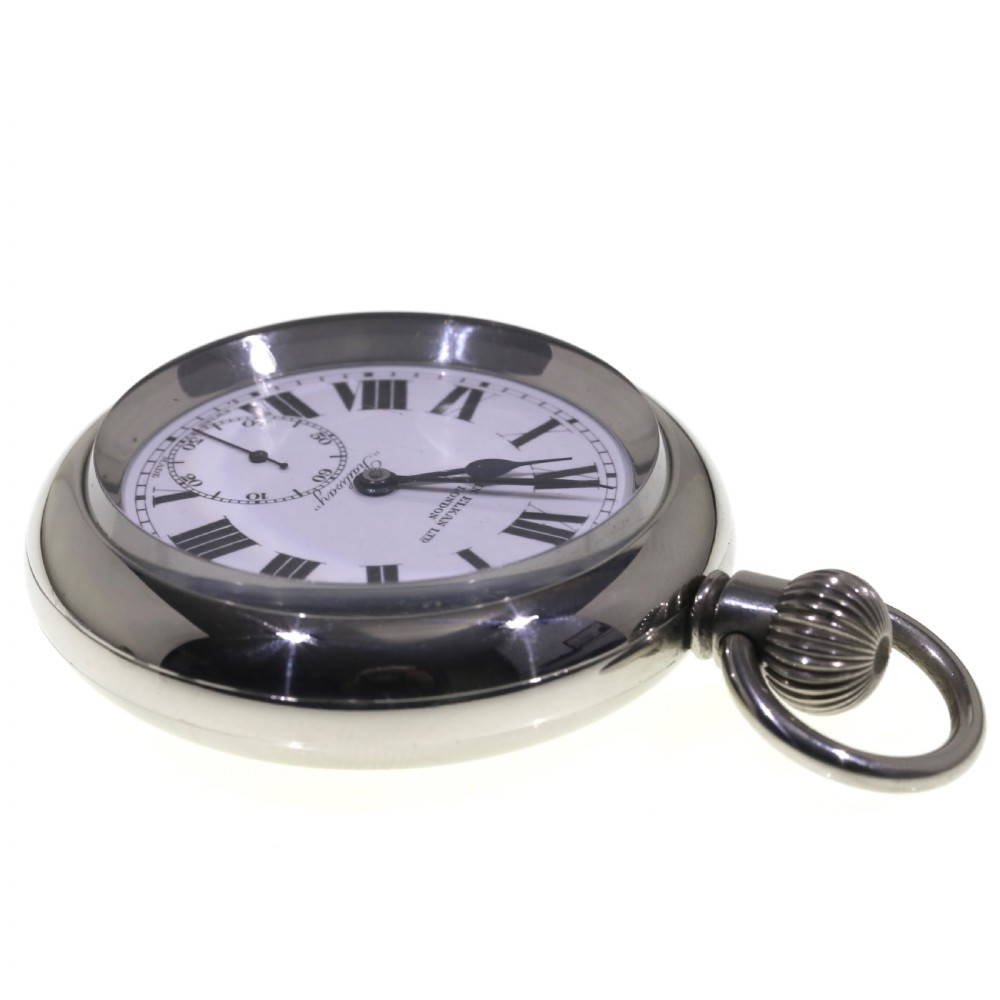 An open-face silver pocket watch featuring a white enamel dial with black Roman numerals, spade hands, and a sub-seconds dial. View VIII