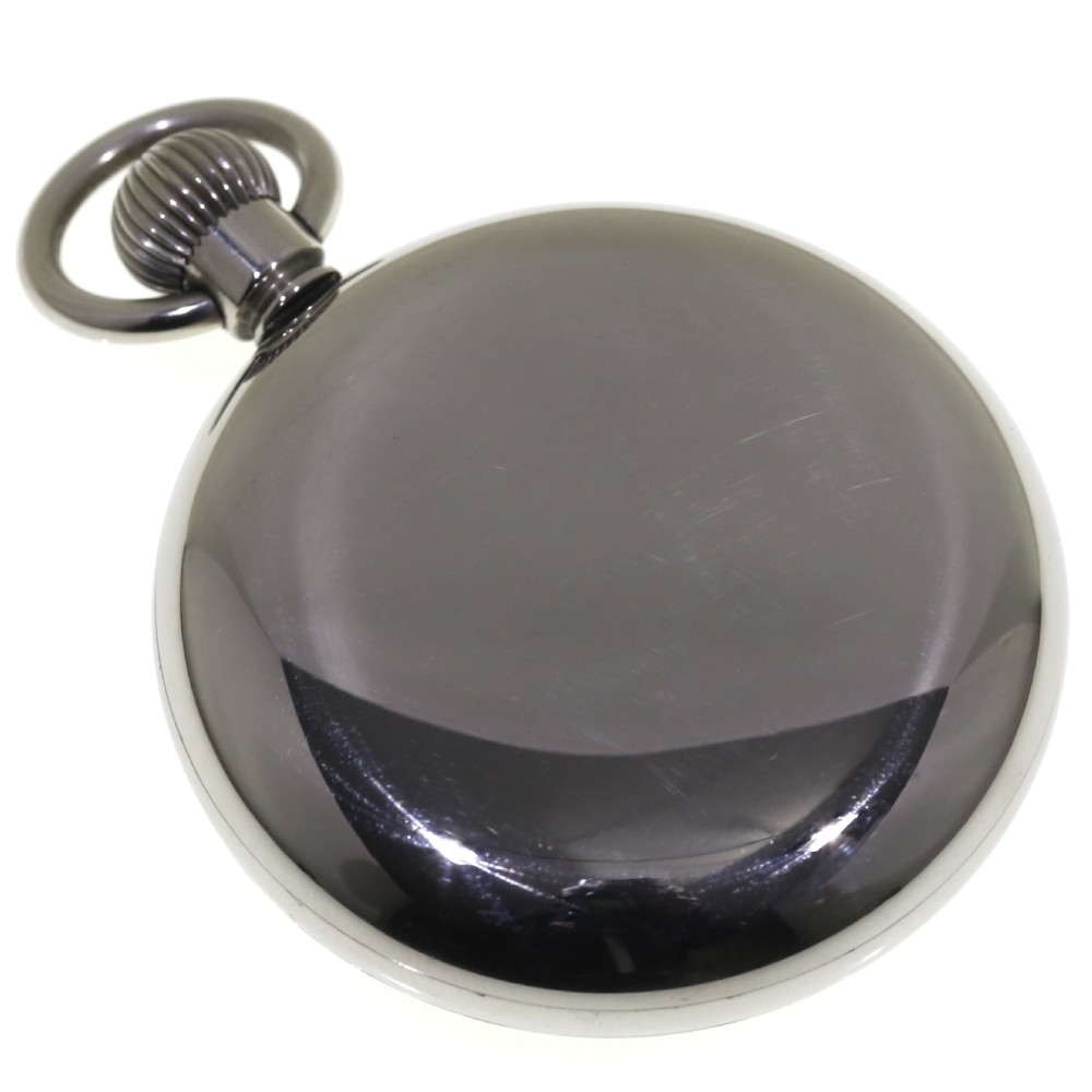 An open-face silver pocket watch featuring a white enamel dial with black Roman numerals, spade hands, and a sub-seconds dial. View XI