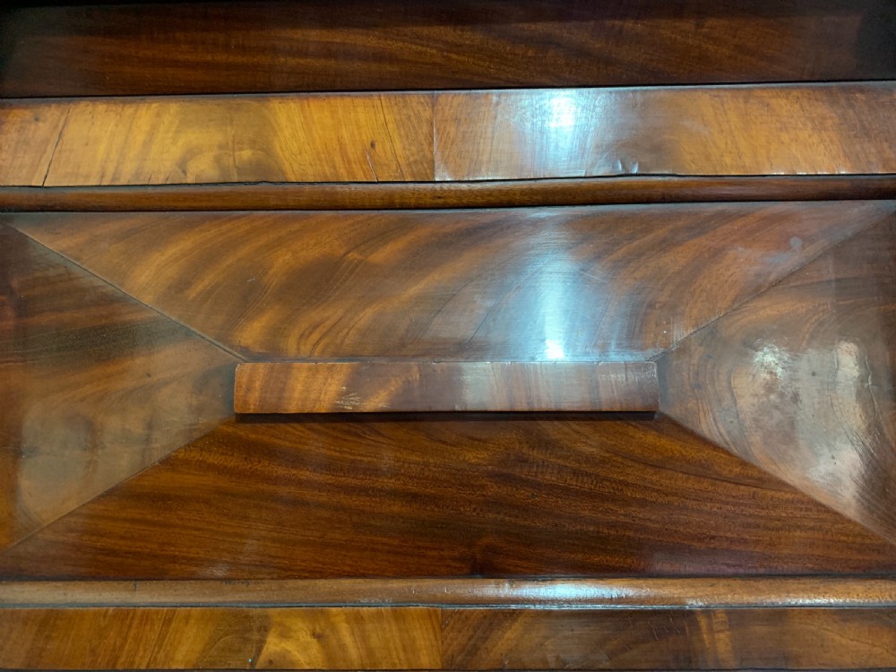 A rectangular antique mahogany wall mirror featuring a projected upper cornice, a faceted flame mahogany top panel, and side columns. View IV