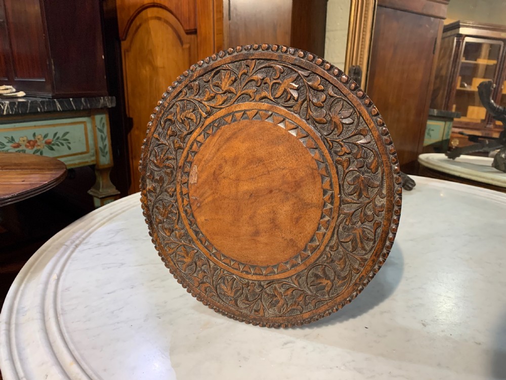 North Indian carved Teak pedestal wine table.  View III