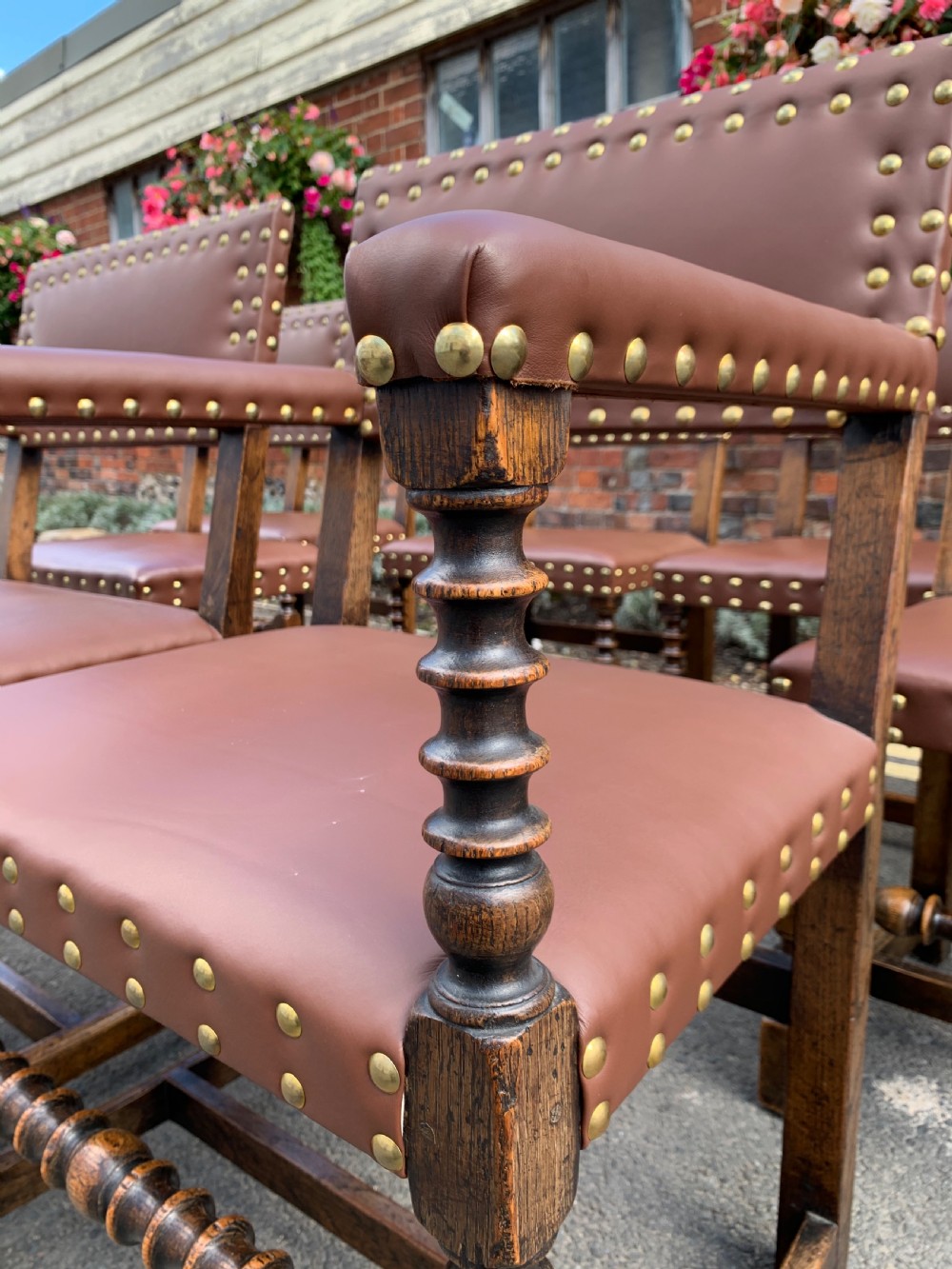 Set of eight oak and leather chairs  View II