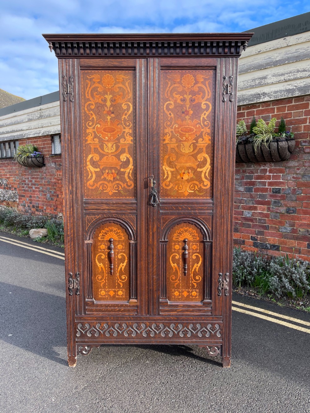Inlaid oak hall wardrobe 