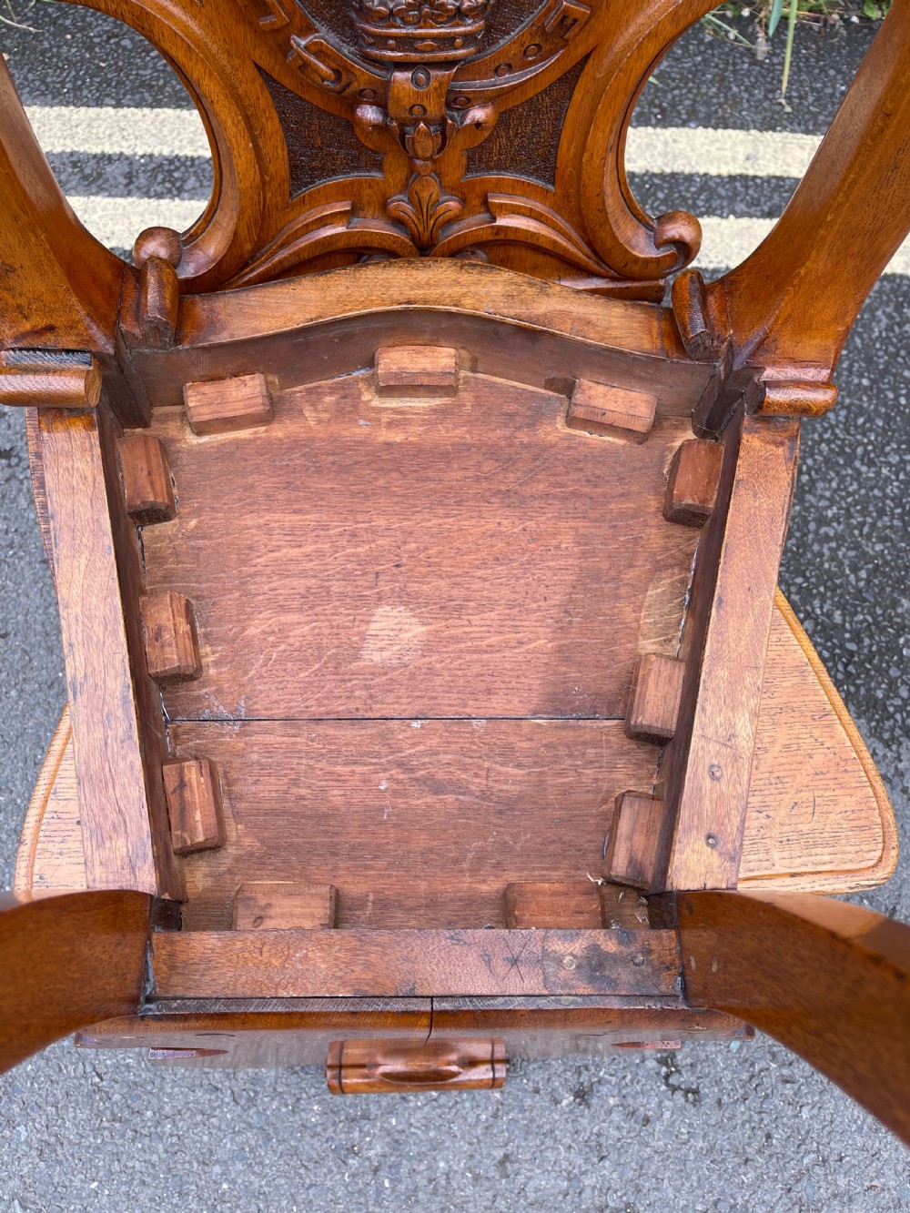 Pair of early Victorian oak hall chairs  View IV