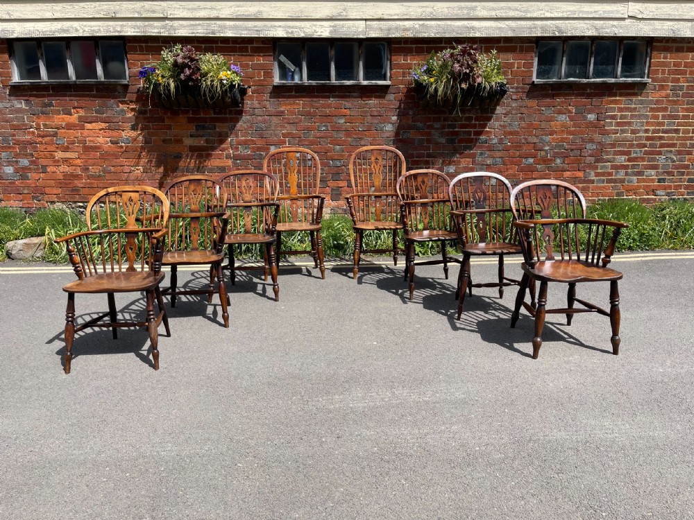 Assembled set of eight Windsor armchairs 