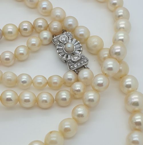 Diamond Clasp Double Row Pearl Necklace