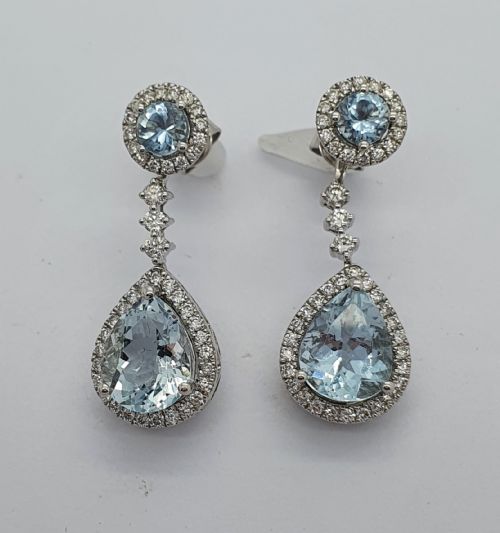 18ct Wg Aquamarine Diamond Stud + Drop Earrings