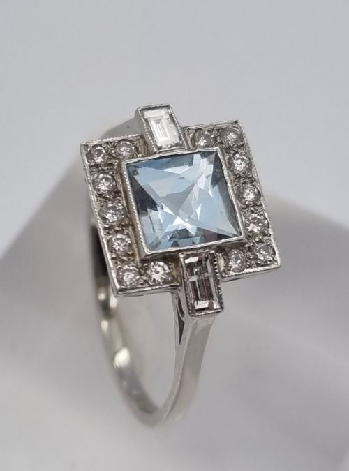 Square Platinum Aquamarine Diamond Ring