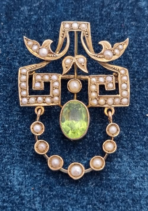 Seed Pearl Peridot Edwardian Brooch
