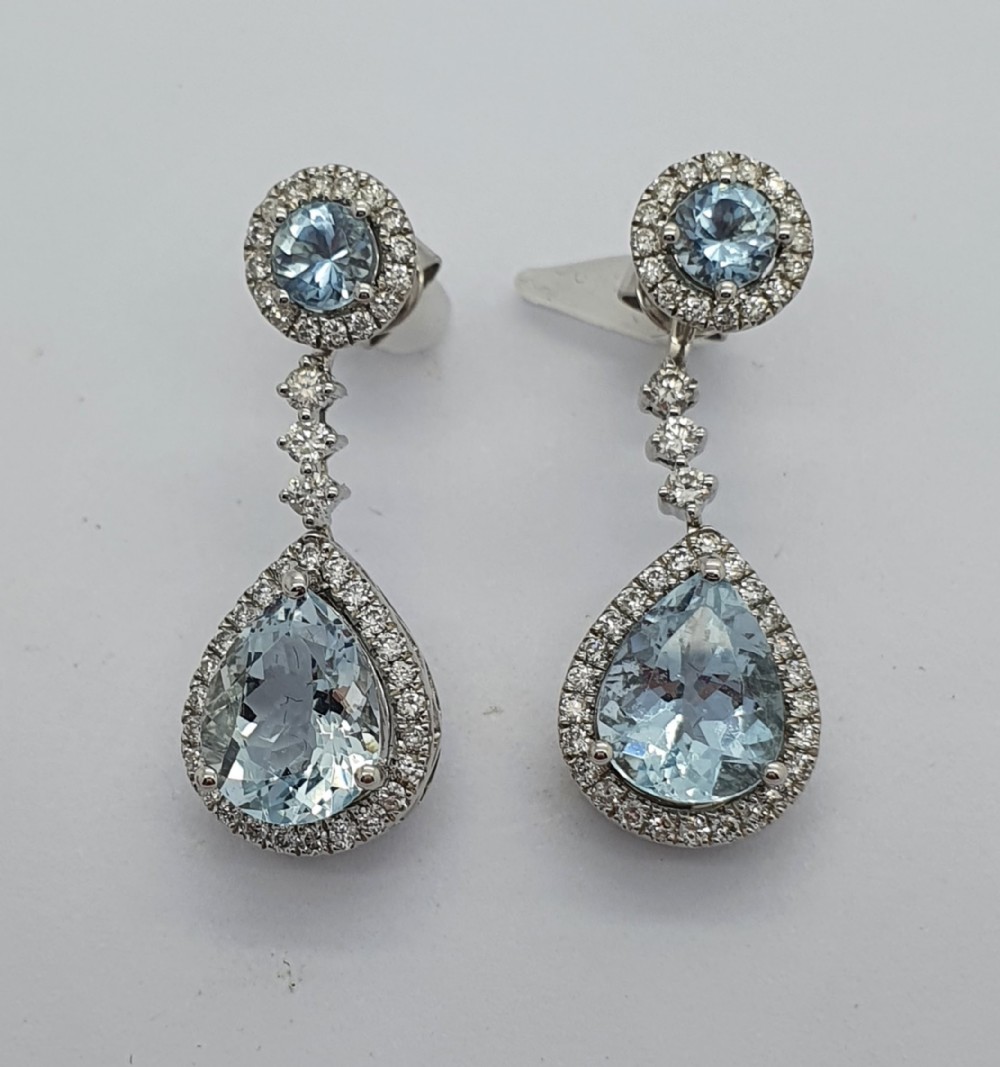 18ct WG Aquamarine Diamond Stud + Drop Earrings