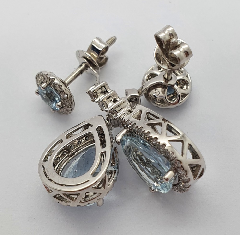 18ct WG Aquamarine Diamond Stud + Drop Earrings View III
