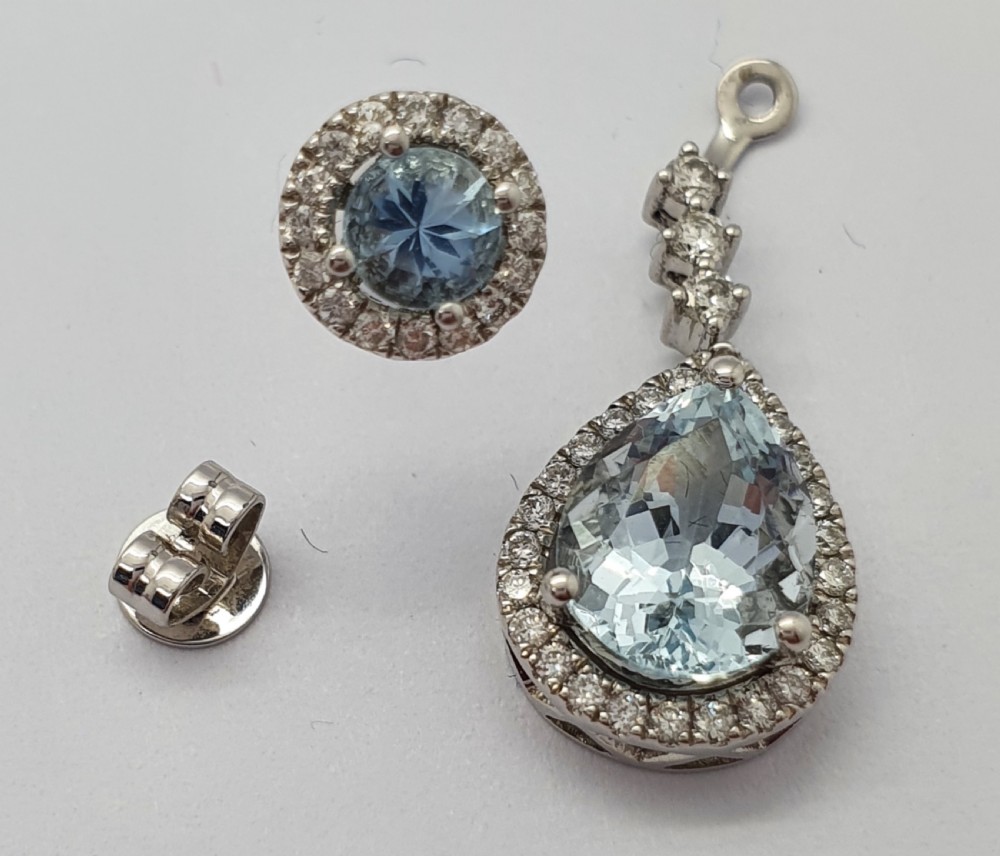 18ct WG Aquamarine Diamond Stud + Drop Earrings View IV