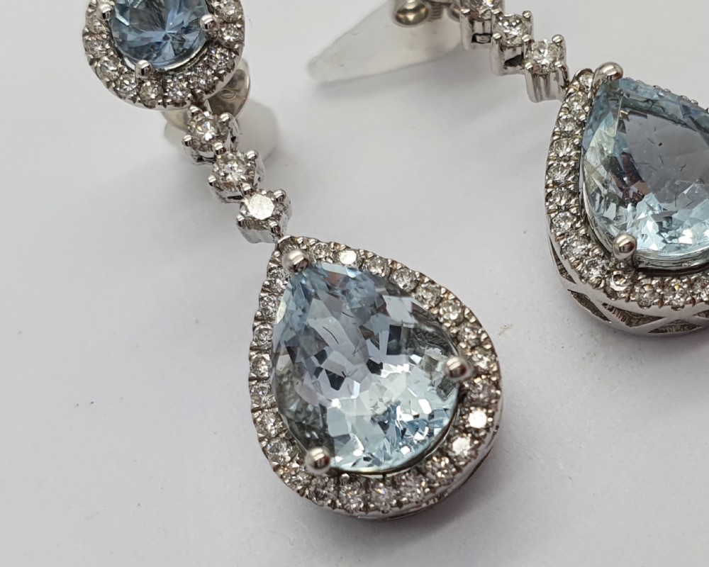18ct WG Aquamarine Diamond Stud + Drop Earrings View V