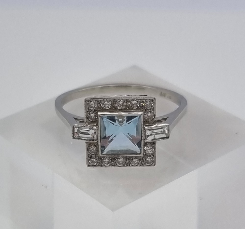 Square Platinum Aquamarine Diamond Ring View V