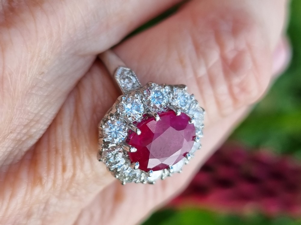 Platinum Burmese Ruby and Diamond Cluster View XVIII
