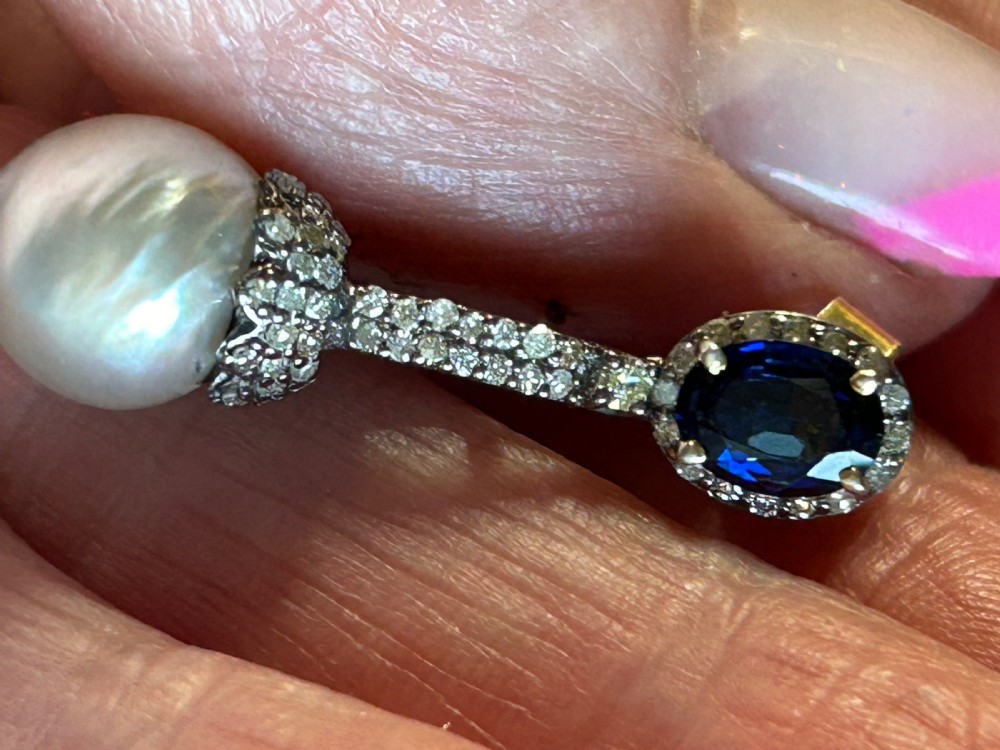 Sapphire, Diamond and Baroque Pearl Drops View II