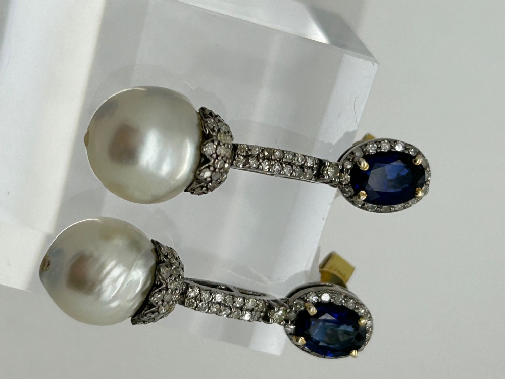 Sapphire, Diamond and Baroque Pearl Drops View III