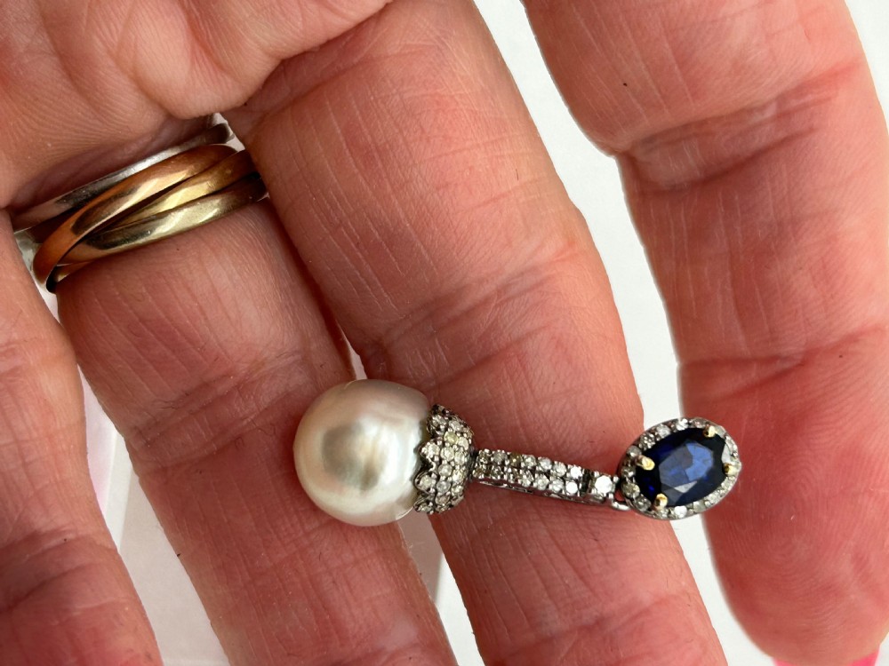 Sapphire, Diamond and Baroque Pearl Drops View V