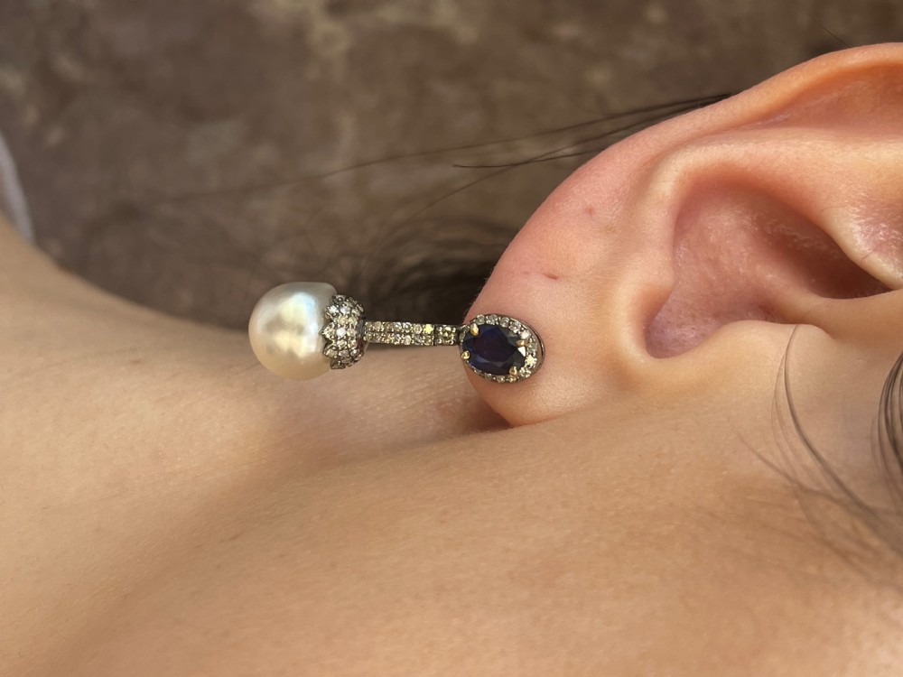 Sapphire, Diamond and Baroque Pearl Drops View X