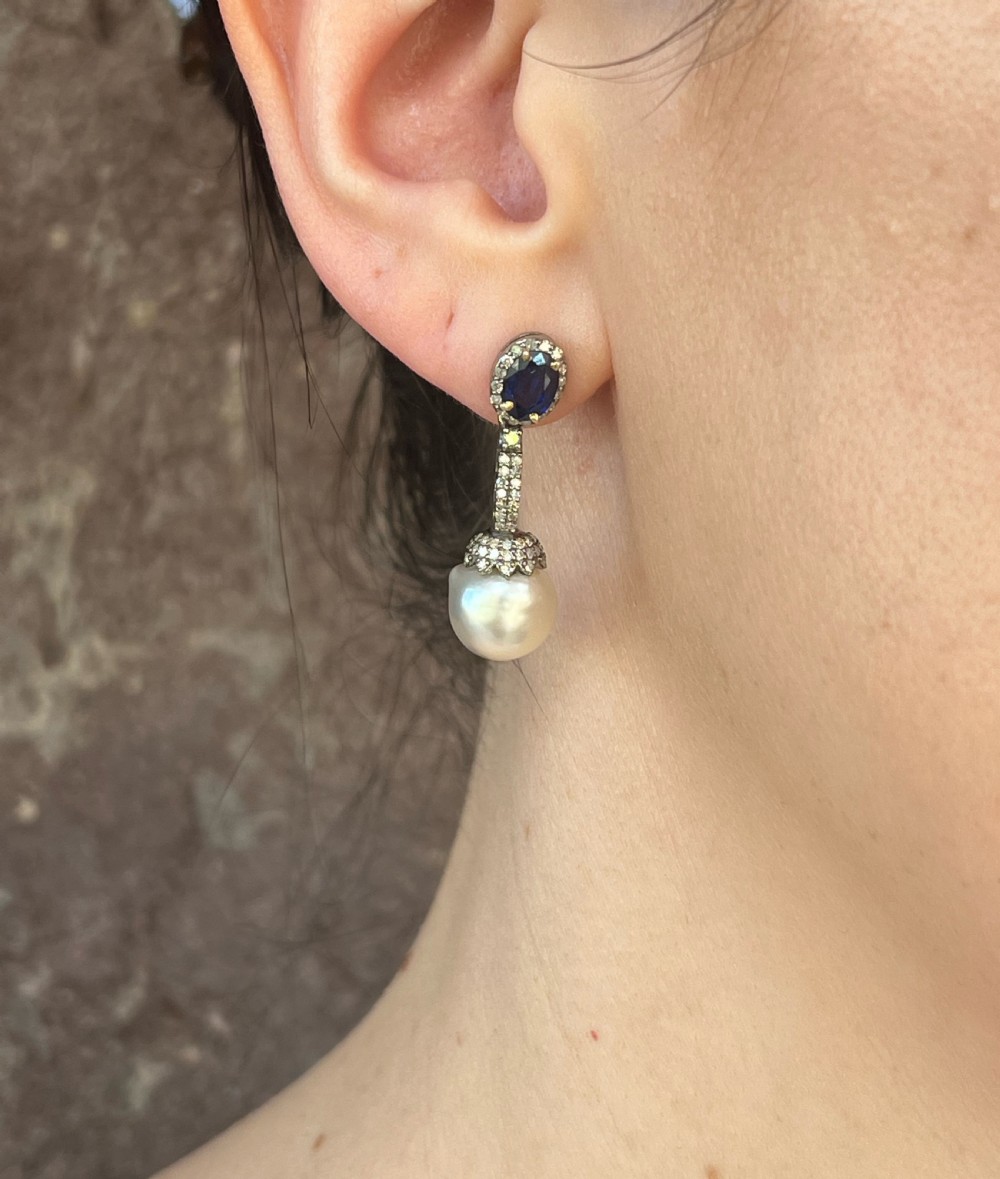 Sapphire, Diamond and Baroque Pearl Drops View XI