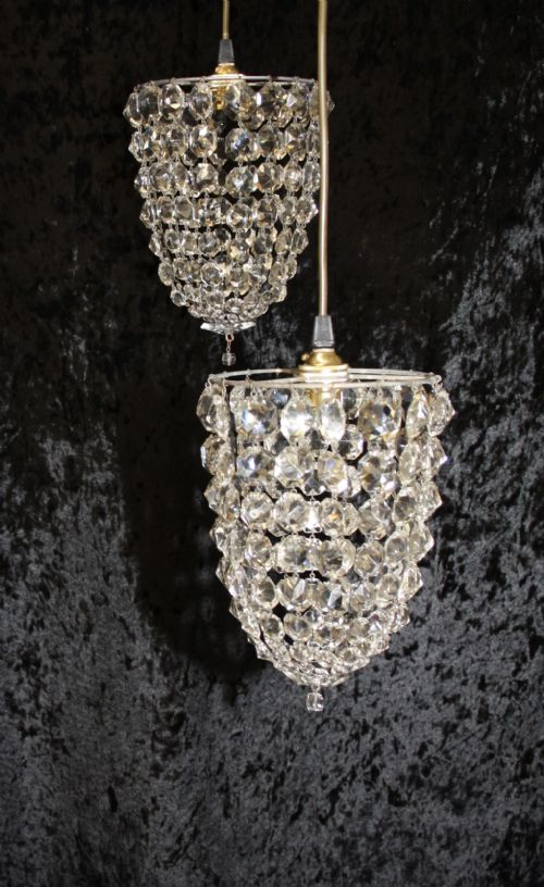 Pair of Early 20th Century Bag Chandeliers with Glass Hexagon Motif