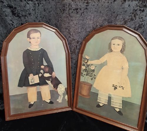 Pair of Early 20th Century Primitive Portraits Oil on Board