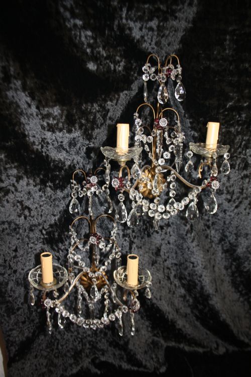 Early 20th Century Pair of Wall Lights with Swags Drip Bowls and Red Flowers