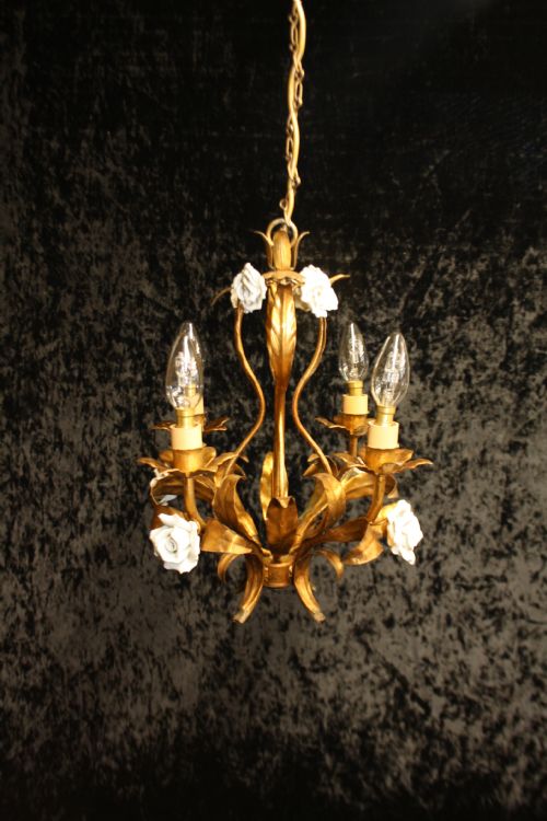 Four Arm French Gilt Chandelier with Porcelain Flowers