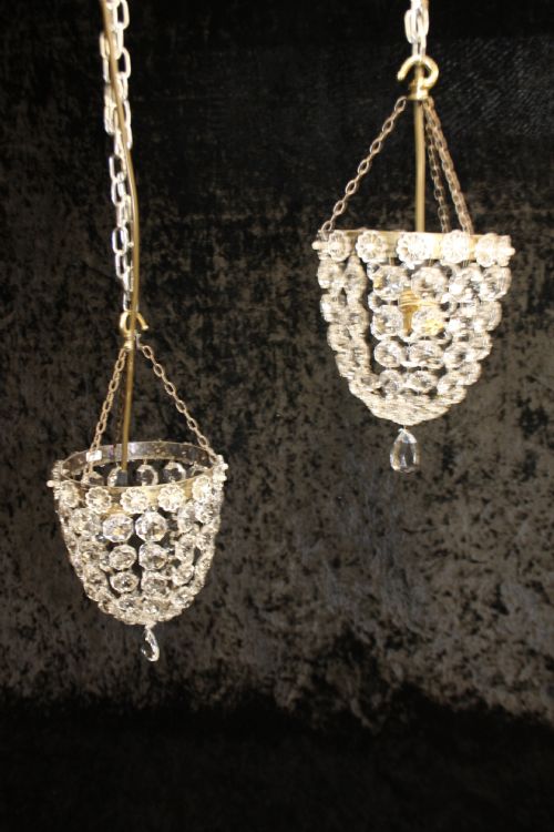 Early 20th Century Pair of Bag Chandeliers with Glass Flowers to the Periphery