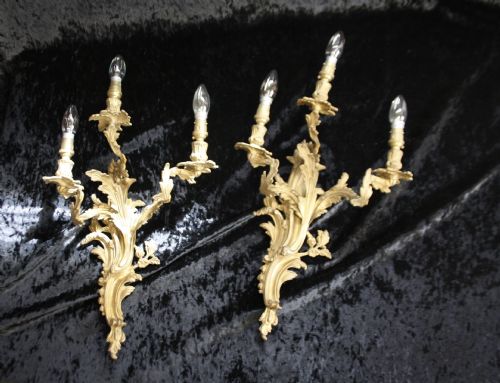 Pair of Early 20th Century Gilt Brass Three Arm Wall Lights