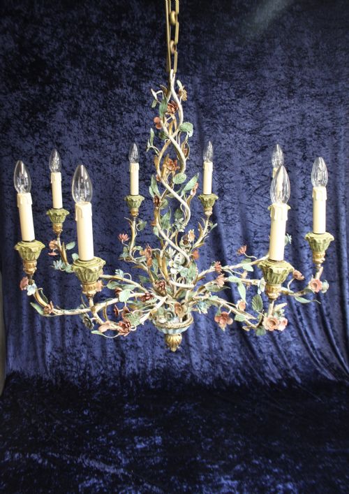 Large Steel Painted French Chandelier with Flowers